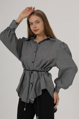 Simli Çizgili Kemerli Gömlek - Siyah