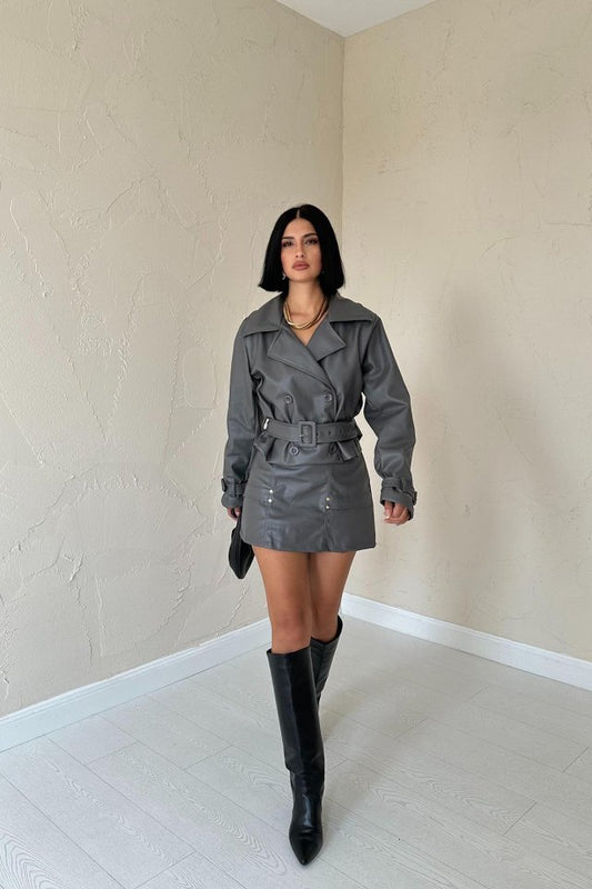 Gri Kemerli Deri Ceket