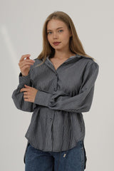 Simli Çizgili Kemerli Gömlek - Siyah