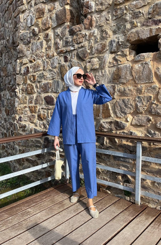 Kadın Uzun Kollu önü Açık Dokuma Ceket Ve Pantolon Ikili Takım