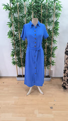 Kadın Kısa Kollu Yakalı önden Düğmeli Beli Kuşaklı Ithal Keten Elbise