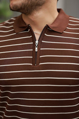 Erkek Fermuar Yakalı çizgili Kısa Kollu T-shirt