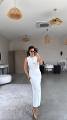 Kadın Bisiklet Yaka Broş Detay Yırtmaçlı Maxi Boy Ottoman Elbise