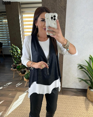 Kadın uzun kol asimetrik kesim viskon bluz ve çatlak deri görünümlü fermuar detaylı yelek ikili takım