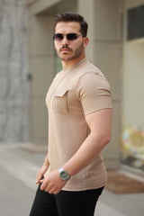 Erkek Cepli Kolyeli Kısa Kollu örme Kumaş T-shirt