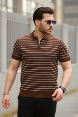 Erkek Fermuar Yakalı çizgili Kısa Kollu T-shirt