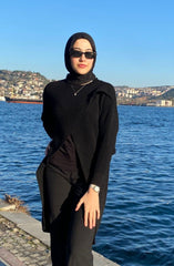 Kadın Uzun Kollu Bisiklet Yakalı önden çapraz Kesim Detaylı Midi Triko Elbise