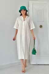 Siyah Keten Kısa Kollu Elbise