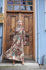 Kadın Uzun Kollu V Yakalı Belden Lastikli Desenli Uzun Süprem Elbise