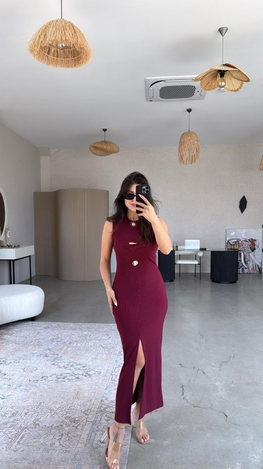 Kadın Bisiklet Yaka Broş Detay Yırtmaçlı Maxi Boy Ottoman Elbise