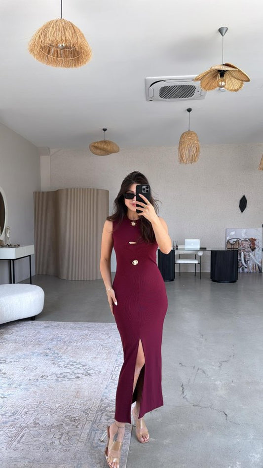 Kadın Bisiklet Yaka Broş Detay Yırtmaçlı Maxi Boy Ottoman Elbise