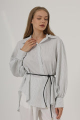 Simli Çizgili Kemerli Gömlek - Siyah