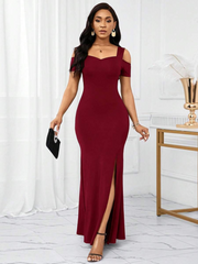 Kadın Omuzlardan Açık Askılı Yırtmaç Detaylı Uzun Ithal Krep Elbise