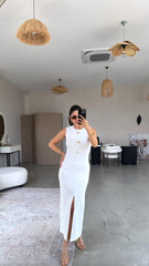 Kadın Bisiklet Yaka Broş Detay Yırtmaçlı Maxi Boy Ottoman Elbise