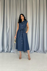 Mavi Tencel Çıtçıtlı Elbise