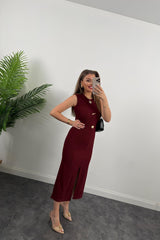 Kadın Bisiklet Yaka Broş Detay Yırtmaçlı Maxi Boy Ottoman Elbise