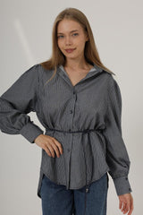 Simli Çizgili Kemerli Gömlek - Siyah