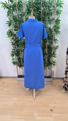 Kadın Kısa Kollu Yakalı önden Düğmeli Beli Kuşaklı Ithal Keten Elbise