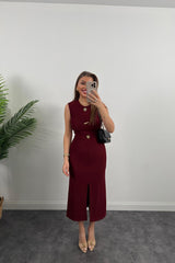 Kadın Bisiklet Yaka Broş Detay Yırtmaçlı Maxi Boy Ottoman Elbise