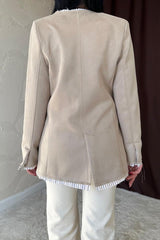 Bej Çizgili Astarlı Garnili Süet Ceket