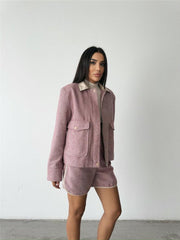 BALIKSIRTI KAŞE FERMUARLI CEKET KISA - Siyah