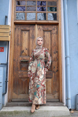 Kadın Uzun Kollu V Yakalı Belden Lastikli Desenli Uzun Süprem Elbise