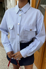 Çizgili Gofre Kumaş Metal Düğmeli Gömlek 3460