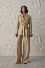 Sarı Beli Kuşaklı Ceket Ve Pantolon Parlak Takım