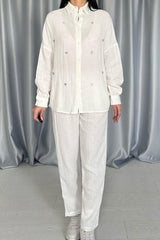 Beyaz 3 Taş Motifli Gömlek Ve Pantolon Takım