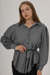 Simli Çizgili Kemerli Gömlek - Siyah