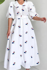 Kahverengi Yakası Çiçek Motifli Kemerli Elbise