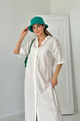 Siyah Keten Kısa Kollu Elbise