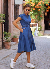 1677 Boydan Düğmeli Kuşaklı Kot Elbise - Lacivert