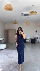 Kadın Bisiklet Yaka Broş Detay Yırtmaçlı Maxi Boy Ottoman Elbise