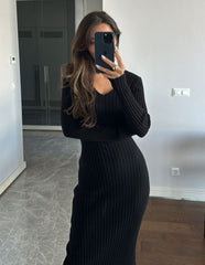 Kadın Uzun Kollu V Yaka şardonlu Kaşkorse Midi Boy Elbise