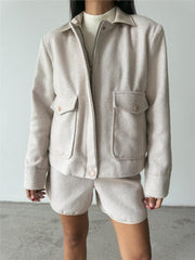 BALIKSIRTI KAŞE FERMUARLI CEKET KISA - Siyah