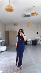 Kadın Bisiklet Yaka Broş Detay Yırtmaçlı Maxi Boy Ottoman Elbise