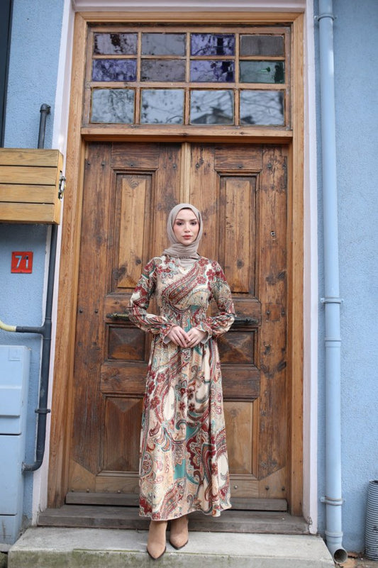 Kadın Uzun Kollu V Yakalı Belden Lastikli Desenli Uzun Süprem Elbise