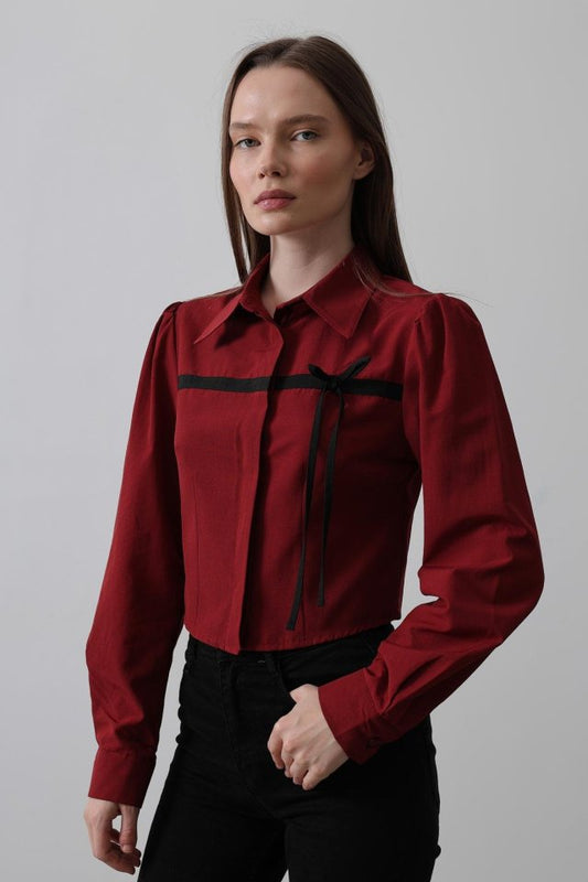 Önü Kontrast Fiyonklu Gömlek - Bordo