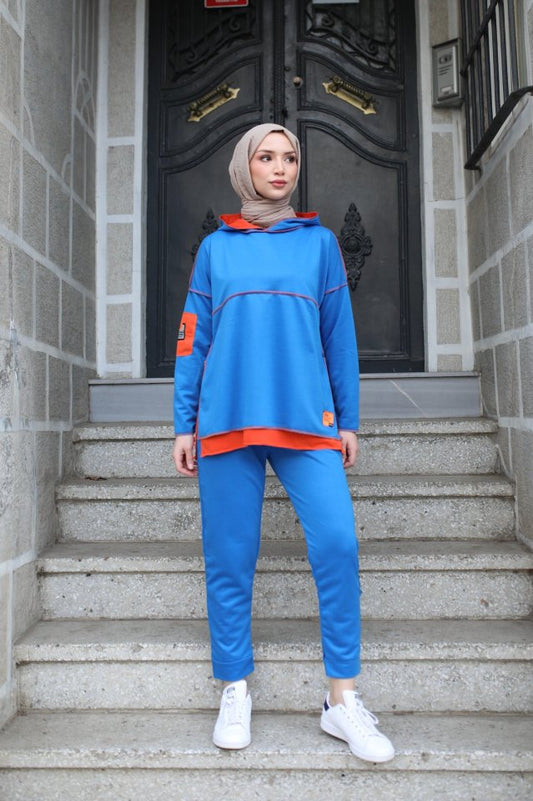 Kadın Indigo Kapşonlu Etek Ucu Detay Arma Ters Dikiş Gorunumlu Ikili Takım