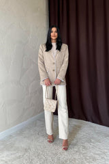 Bej Çizgili Astarlı Garnili Süet Ceket