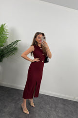 Kadın Bisiklet Yaka Broş Detay Yırtmaçlı Maxi Boy Ottoman Elbise