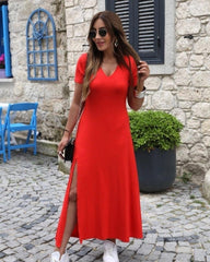💟 YENİ SEZON 3 RENK HARİKA ELBİSE 💟Kadın kısa kollu V yaka maxi boy elbise 124 cm