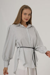 Simli Çizgili Kemerli Gömlek - Siyah