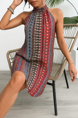 Kadın Sıfır Kol Boyundan Askılı Desenli Midi Süprem Elbise