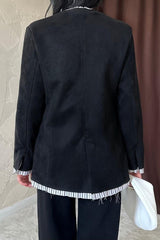 Bej Çizgili Astarlı Garnili Süet Ceket