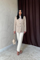 Bej Çizgili Astarlı Garnili Süet Ceket