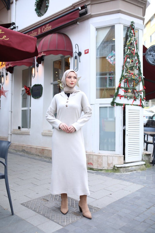 Kadın Uzun Kollu Kapşonlu Bağcıklı şardonlu Kaşkorse Uzun Elbise