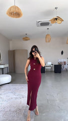 Kadın Bisiklet Yaka Broş Detay Yırtmaçlı Maxi Boy Ottoman Elbise