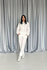 Beyaz 3 Taş Motifli Gömlek Ve Pantolon Takım